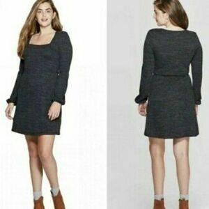 * NEW! SQUARE NECK LONG SLEEVE SWEATER KNIT FIT & FLARE DRESS SIZE MEDIUM GRAY